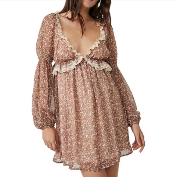 NEW FREE PEOPLE- Pennie Printed Babydoll Mini Dress - Picture 5 of 9